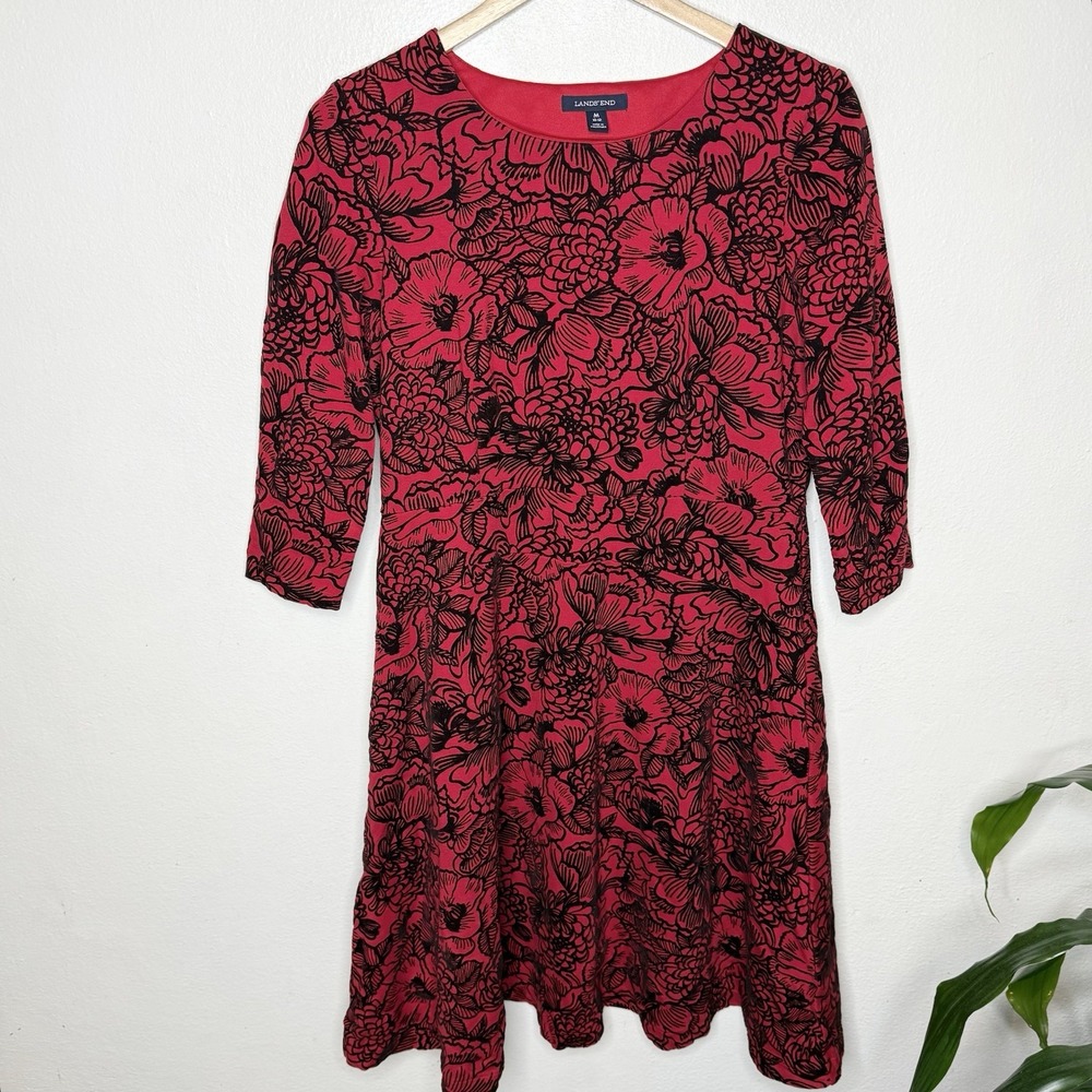 Lands End Red‎ Black Velvet Floral Fit And Flare Dress 3/4 Sleeve Women's Medium